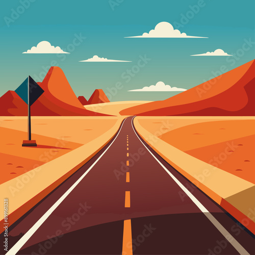 a desolate desert highway featuring a bold direction arrow pointing forward, symbolizing solitude and the journey of choice in a vast, open landscape