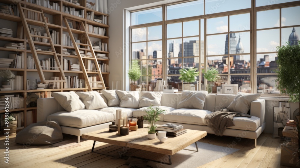 Modern Living Room with City View and Large Bookshelf Modern Living Room with City View and Large Bookshelf