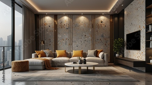 Modern style luxury interior with city view 3d render, There are terrazzo floor decorated wall with hidden light