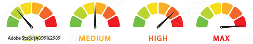 Risk meter icon set. Scale Low, Medium or High risk on speedometer. Risk concept on speedometer. Set of gauges from low to high. Minimum to Maximum. Vector illustration. eps 10