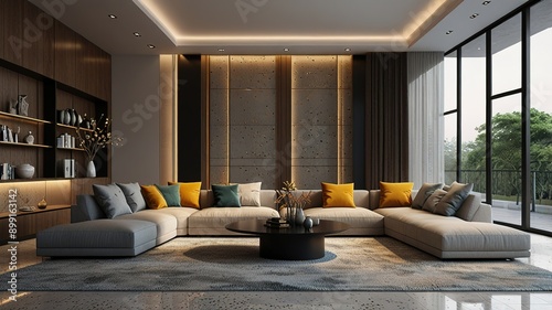 Modern style luxury interior with city view 3d render, There are terrazzo floor decorated wall with hidden light