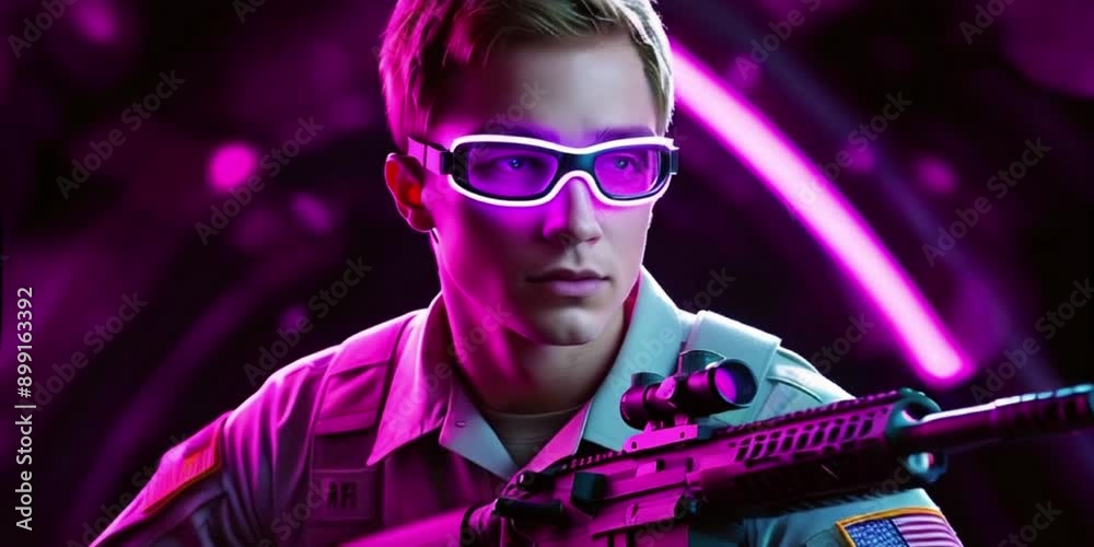 Neon-Infused Tactical Precision: A High-Contrast Cyberpunk Portrait of a Light-Skinned Warrior in Reflective Goggles and Advanced Gear