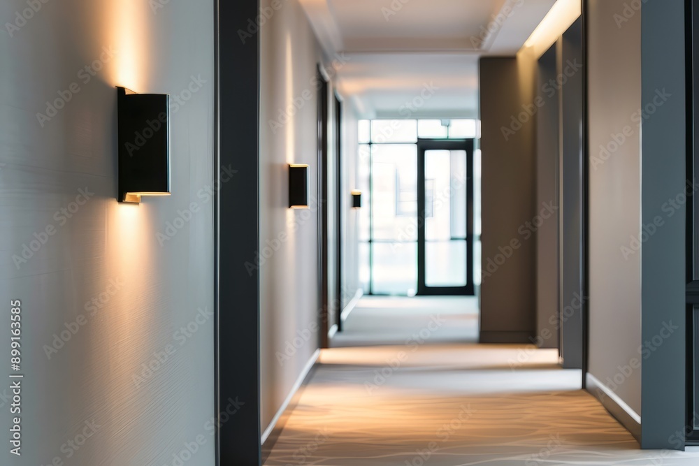 Fototapeta premium Minimalist hallway with warm lighting and a view of a glass door