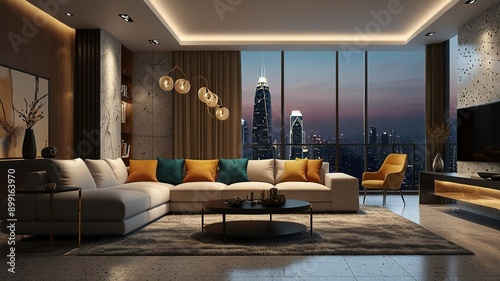 Modern style luxury interior with city view 3d render, There are terrazzo floor decorated wall with hidden light