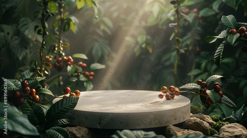 white circle stone podium in the forest, coffee branches and beans, Organic and healthy coffee beans, zen garden in the morning white circle stone podium in the forest, coffee branches and beans, Organic and healthy coffee beans, zen garden in the morning