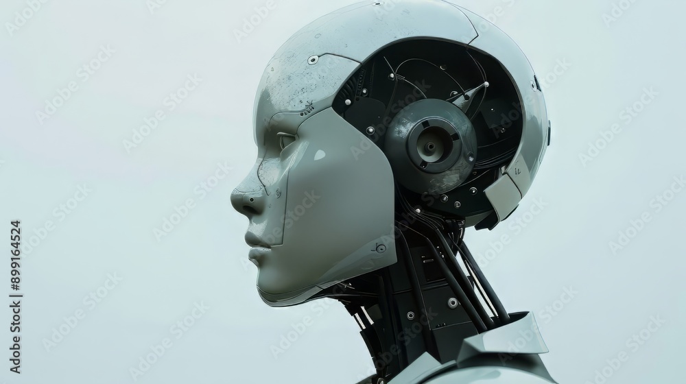 Profile View of a Gray Robotic Head with Exposed Wiring Profile View of a Gray Robotic Head with Exposed Wiring