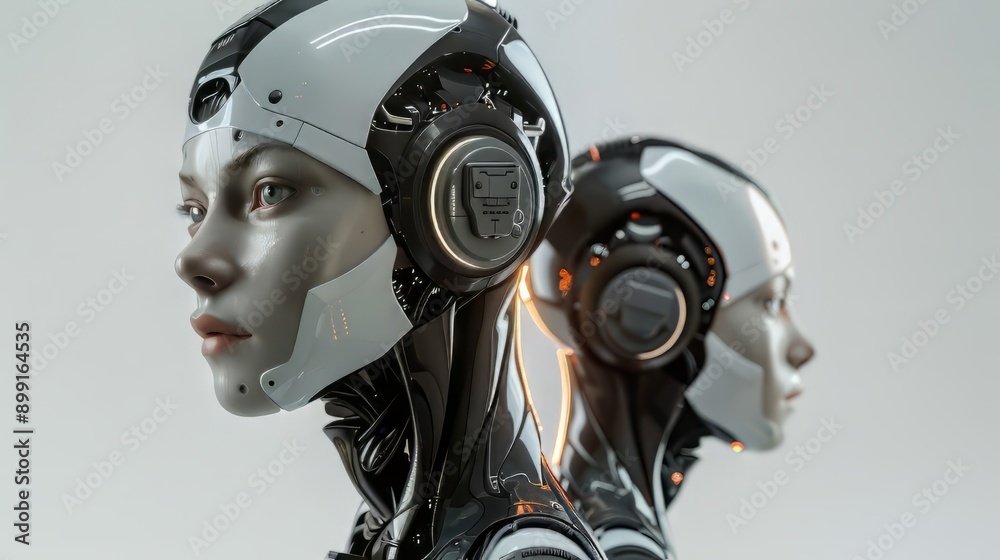 Two Futuristic Androids Standing Back to Back Two Futuristic Androids Standing Back to Back