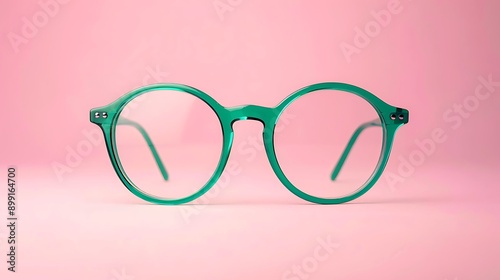 modern fashionable green glasses with clear lenses on pink background