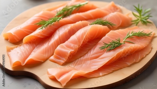 Delicate, translucent slices of smoked salmon, neatly arranged on a wooden board, adorned with sprigs of dill and wedges of fresh lemon