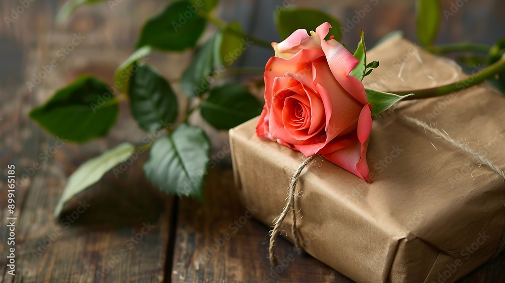 Neatly wrapped gift next to rose Neatly wrapped gift next to rose