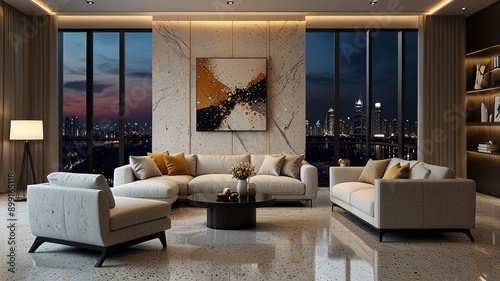 Modern style luxury interior with city view 3d render, There are terrazzo floor decorated wall with hidden light