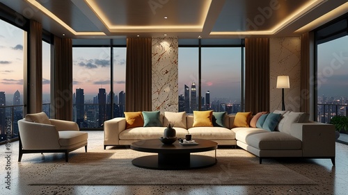Modern style luxury interior with city view 3d render, There are terrazzo floor decorated wall with hidden light