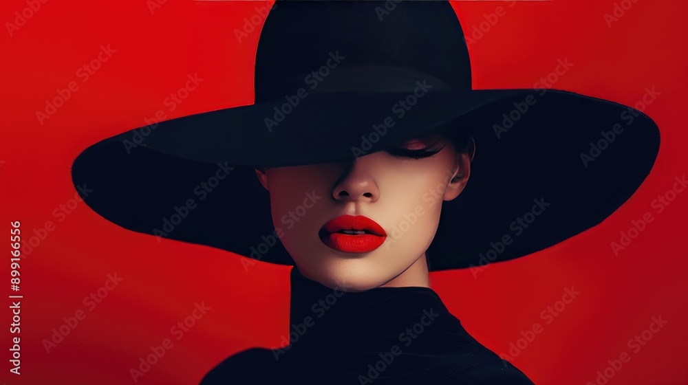 Fashion photo of an elegant woman with red lips, wearing a black hat, her face hidden behind the brim, against a striking red background Fashion photo of an elegant woman with red lips, wearing a black hat, her face hidden behind the brim, against a striking red background