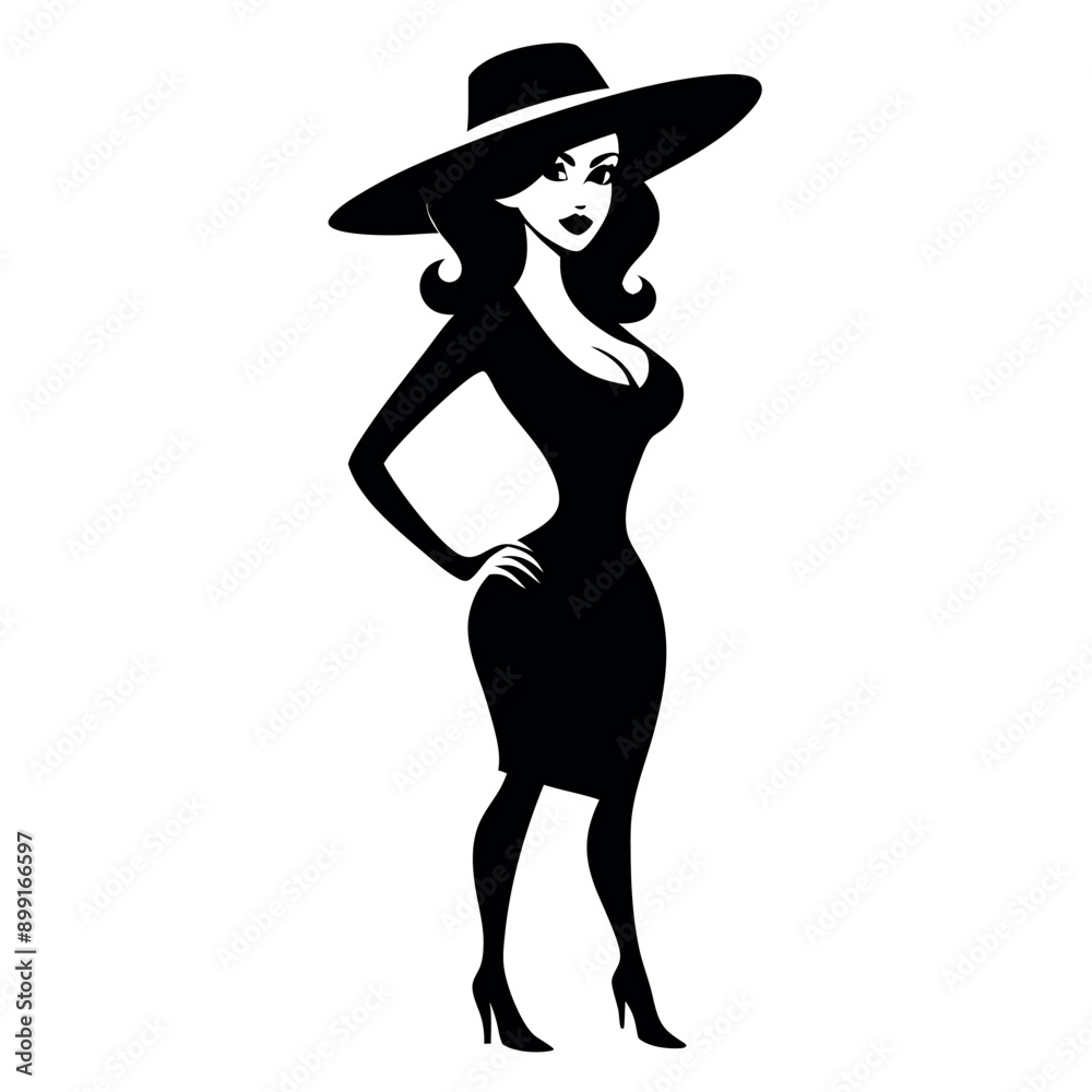 a beautiful woman stand with wearing a ladies hat vector silhouette, isloated white background a beautiful woman stand with wearing a ladies hat vector silhouette, isloated white background