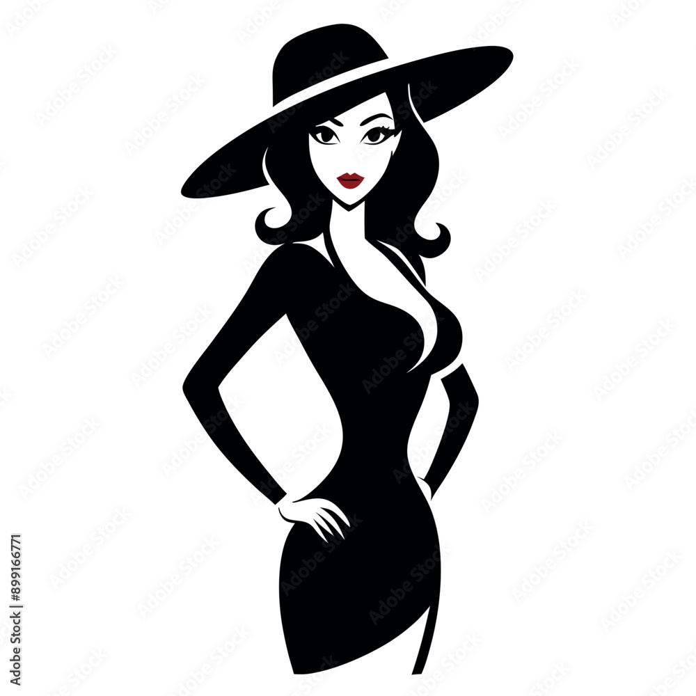 a beautiful woman stand with wearing a ladies hat vector silhouette, isloated white background a beautiful woman stand with wearing a ladies hat vector silhouette, isloated white background