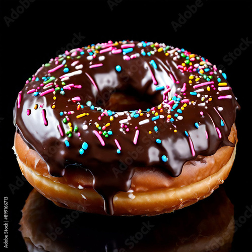 chocolate donut with chocolate icing and sprinkles on topisolated top view on white background photo