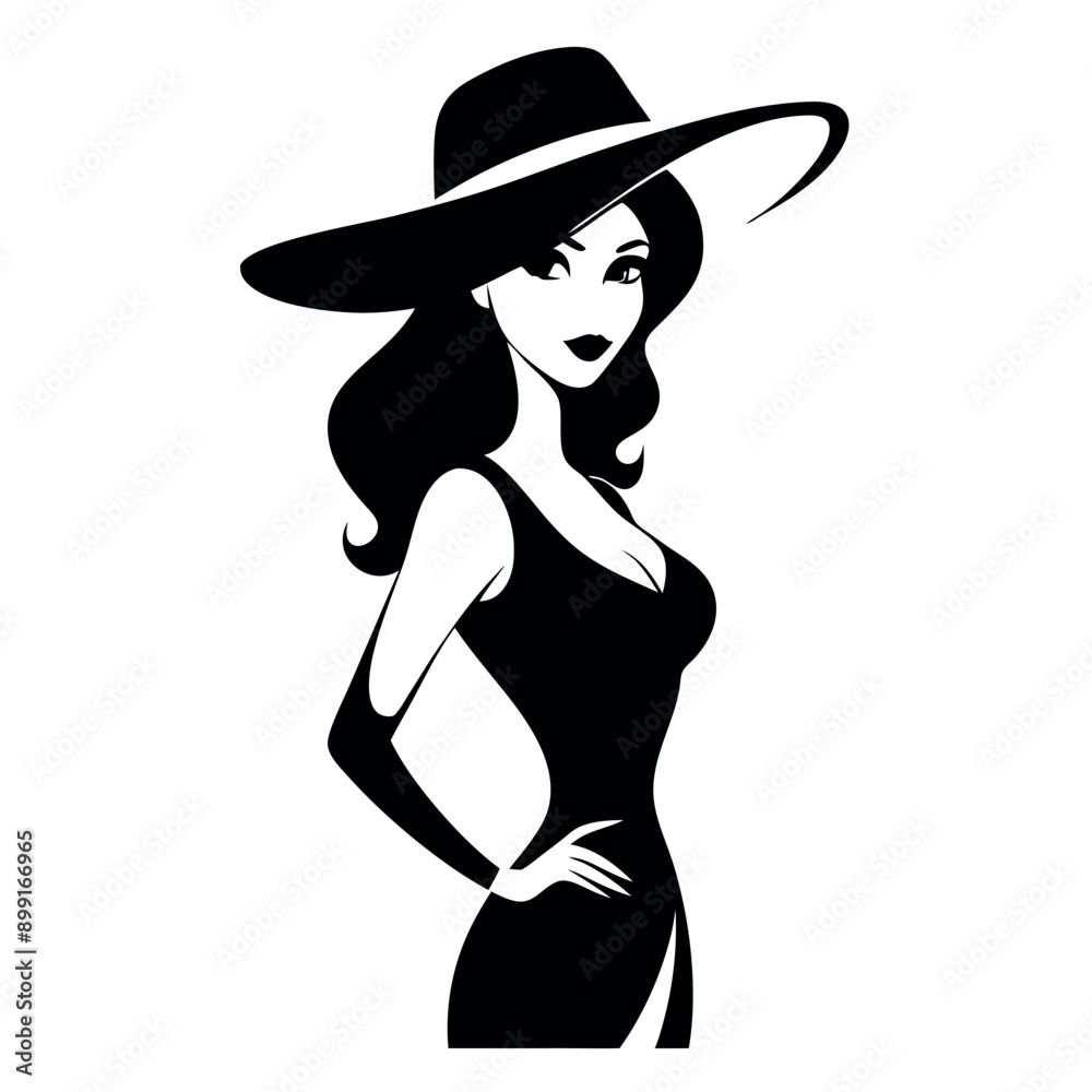 a beautiful woman stand with wearing a ladies hat vector silhouette, isloated white background a beautiful woman stand with wearing a ladies hat vector silhouette, isloated white background