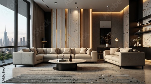 Modern style luxury interior with city view 3d render, There are terrazzo floor decorated wall with hidden light