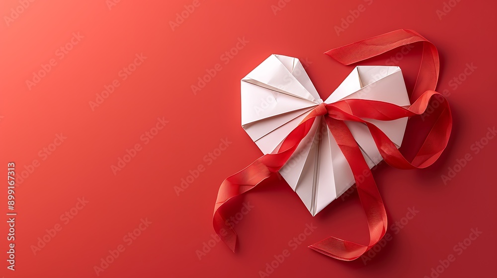 Origami of white heart and ribbon made from paper on happy valentines background Origami of white heart and ribbon made from paper on happy valentines background