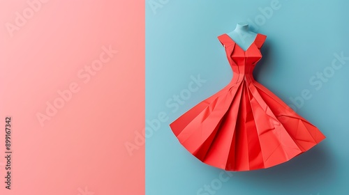 Origami paper red dress on pink blue background