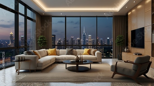 Modern style luxury interior with city view 3d render, There are terrazzo floor decorated wall with hidden light