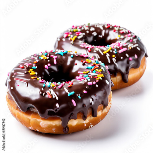 chocolate donut with chocolate icing and sprinkles on topisolated top view on white background photo