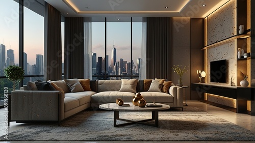 Modern style luxury interior with city view 3d render, There are terrazzo floor decorated wall with hidden light