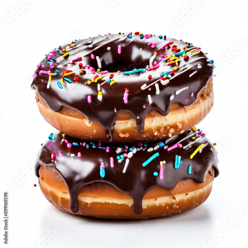 chocolate donut with chocolate icing and sprinkles on topisolated top view on white background photo