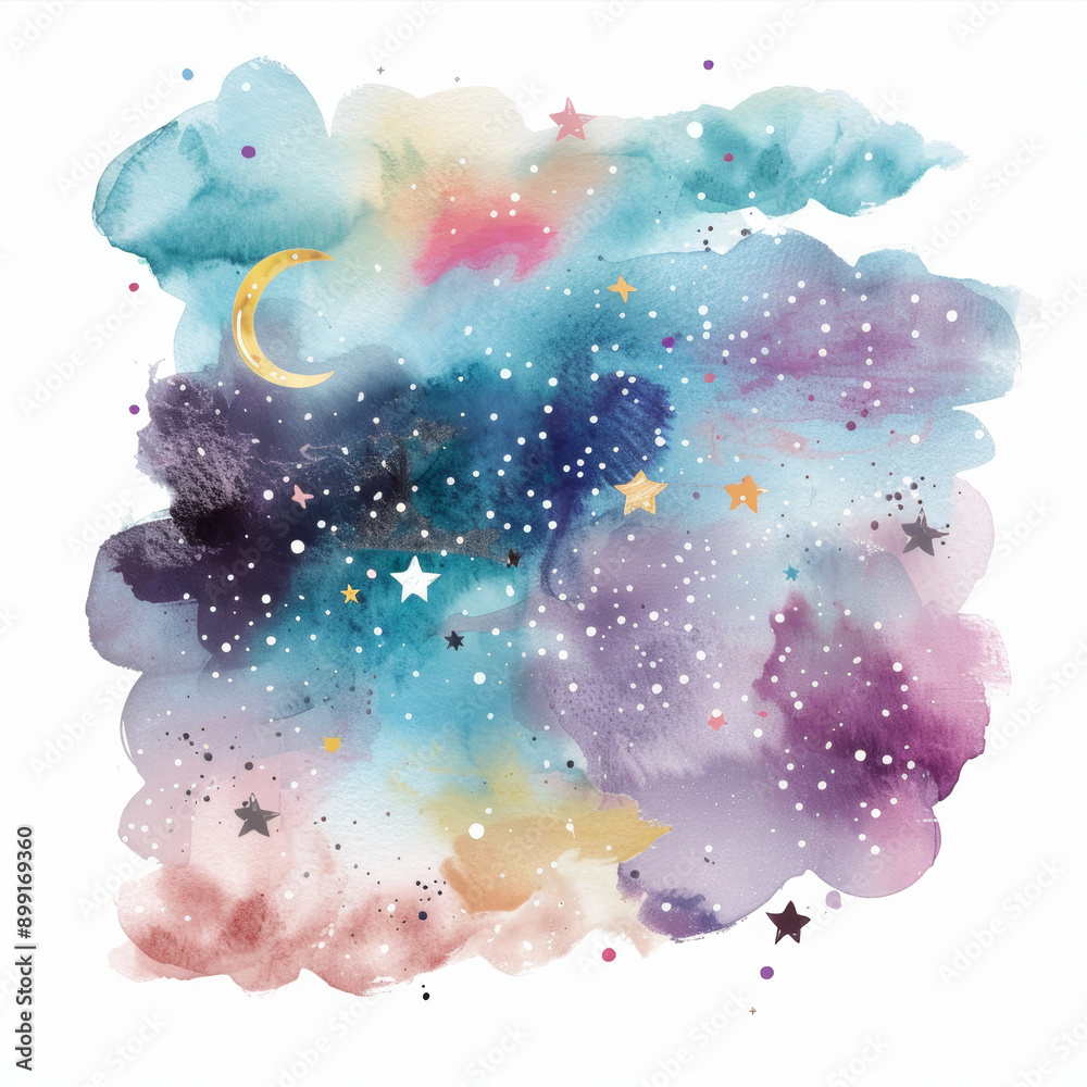 Watercolor Galaxy with Crescent Moon and Stars Whimsical Space Art in Pastel Hues Watercolor Galaxy with Crescent Moon and Stars Whimsical Space Art in Pastel Hues