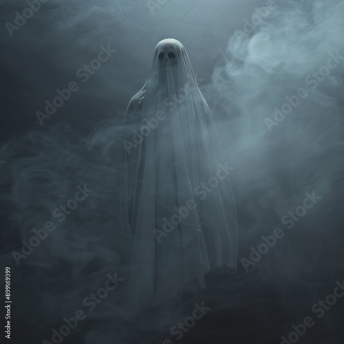 Wallpaper Mural Eerie ghost figure floating in a dark, misty background. The spectral shape creates a chilling Halloween atmosphere with plenty of copy space for text on the left side. Torontodigital.ca