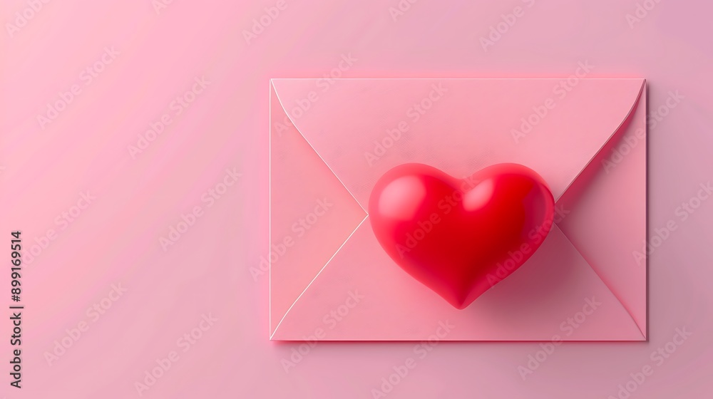 Pink envelope with red heart on pink background Pink envelope with red heart on pink background