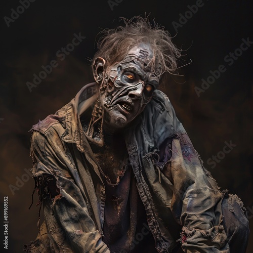 Zombie with tattered clothes and eerie, lifeless eyes, isolated on a dark background. The spooky Halloween character leaves plenty of copy space around for additional elements or text.