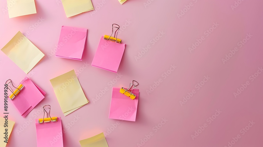 Pink memo paper sticky notes with yellow binder clip on pink background Pink memo paper sticky notes with yellow binder clip on pink background