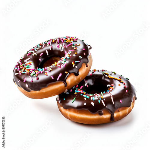 chocolate donut with chocolate icing and sprinkles on topisolated top view on white background photo