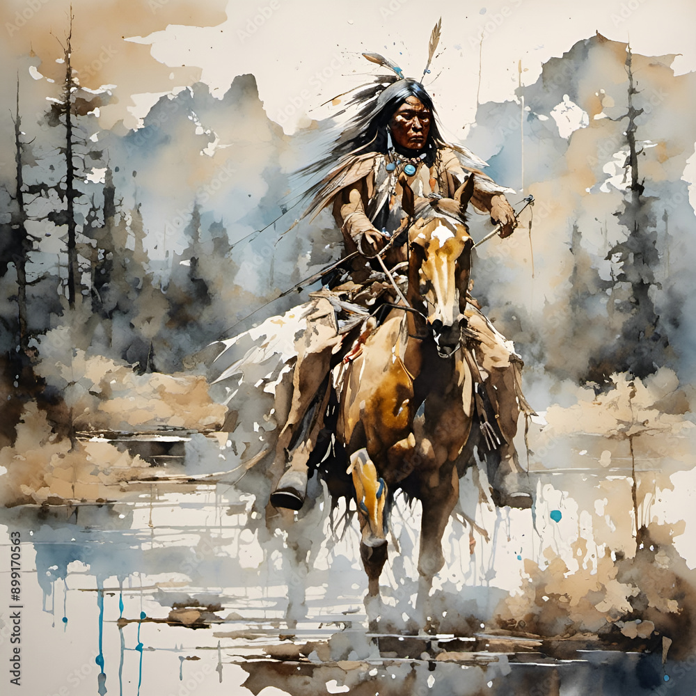 Naklejka premium North American Indian riding horse through riverbed