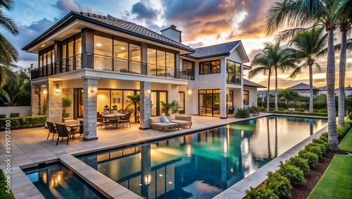 Elegant Florida mansion lanai patio boasts stunning waterfront views, expansive screened-in pool area, and sleek exterior design with sophisticated outdoor living spaces.