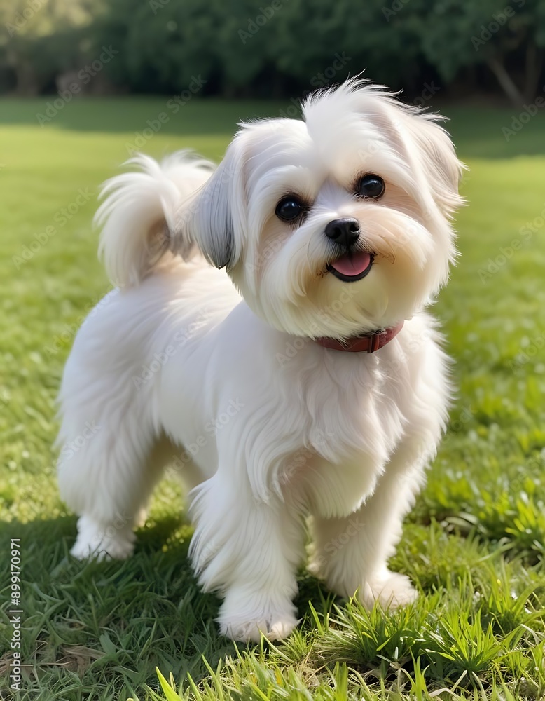 White Maltese Dog Sitting on a Cobblestone Pathway White Maltese Dog Sitting on a Cobblestone Pathway