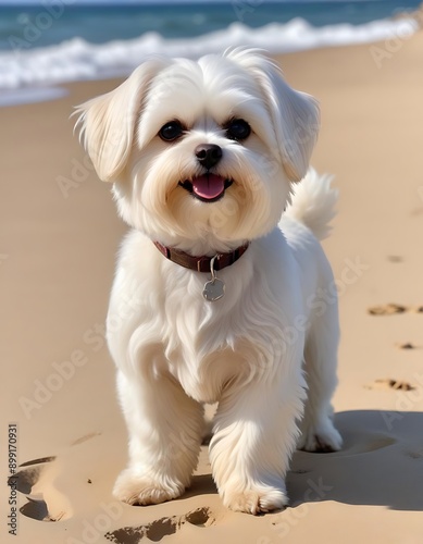 Maltese Dog Standing on a Sandy Beach with Ocean in the Background © Ольга Снытко