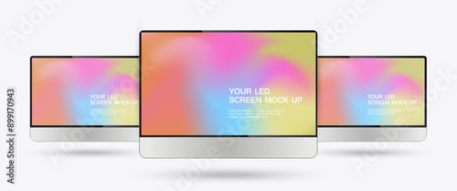 Set of three LED screens mockup is versatile and can be used for various purposes, including digital signage, office displays, or home entertainment systems