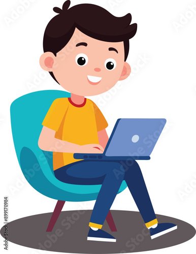 A Boy With Laptop On The Chair Studying Concept Cute Illustration