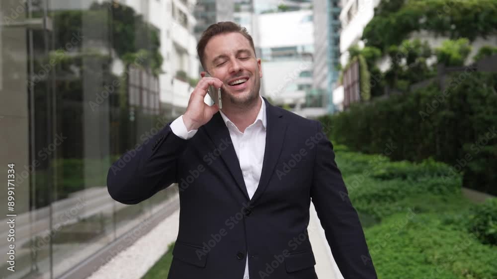 Caucasian businessman walking at park while talking to manager by using phone about planning strategy. Professional executive manager calling marketing team and sharing creative idea at city. Urbane. Caucasian businessman walking at park while talking to manager by using phone about planning strategy. Professional executive manager calling marketing team and sharing creative idea at city. Urbane.