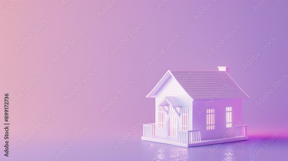 Simply design with miniature white toy house isolated on purple violet pastel colorful trendy background Simply design with miniature white toy house isolated on purple violet pastel colorful trendy background