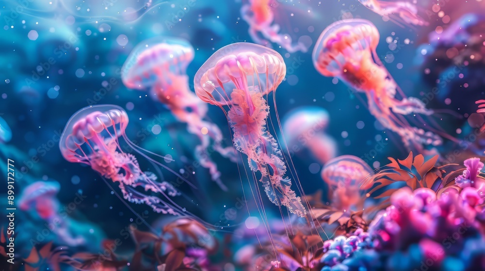 Pink and White Jellyfish Swimming in a Blue Ocean Pink and White Jellyfish Swimming in a Blue Ocean