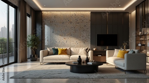 Modern style luxury interior with city view 3d render, There are terrazzo floor decorated wall with hidden light