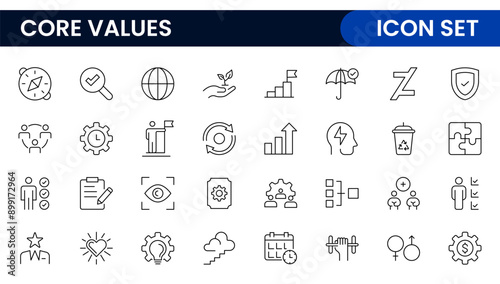 Core Values outline icons set. Core, values, business, leadership, goals, target, client, quality, success, responsibility and quality.