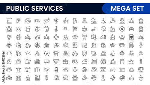 Set of outline Public Services icons. Minimalist thin linear web icon set. Line icons related to public utilities. Gas, electricity, water, heating.