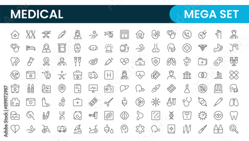 Set of Medical web icons in line style. Medicine and Health Care, RX. Medicine, check up, doctor, dentistry, pharmacy, lab, scientific discovery, collection.