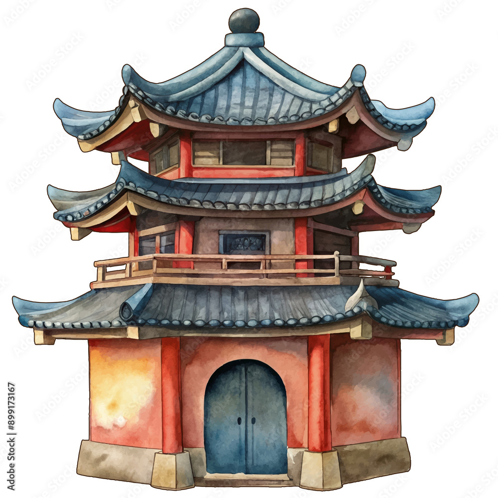 Japanese building watercolor illustration, generative AI Japanese building watercolor illustration, generative AI