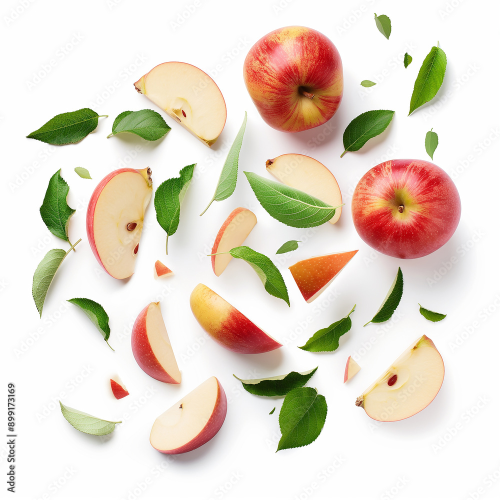 Apple with half slices falling on a white background Apple with half slices falling on a white background