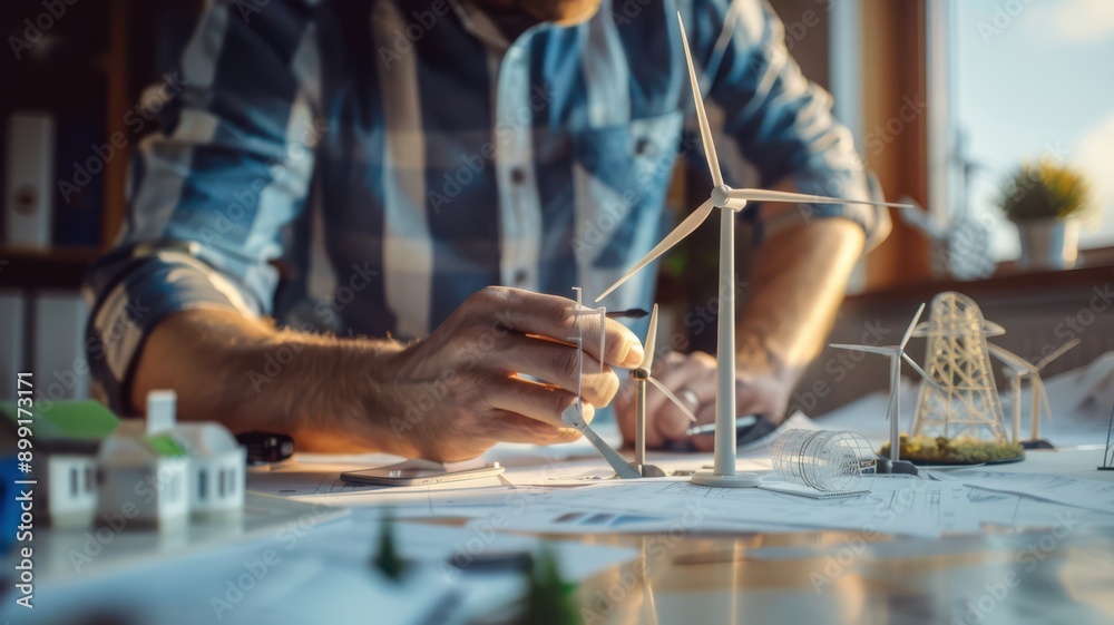 A man is working on a model of a wind turbine A man is working on a model of a wind turbine